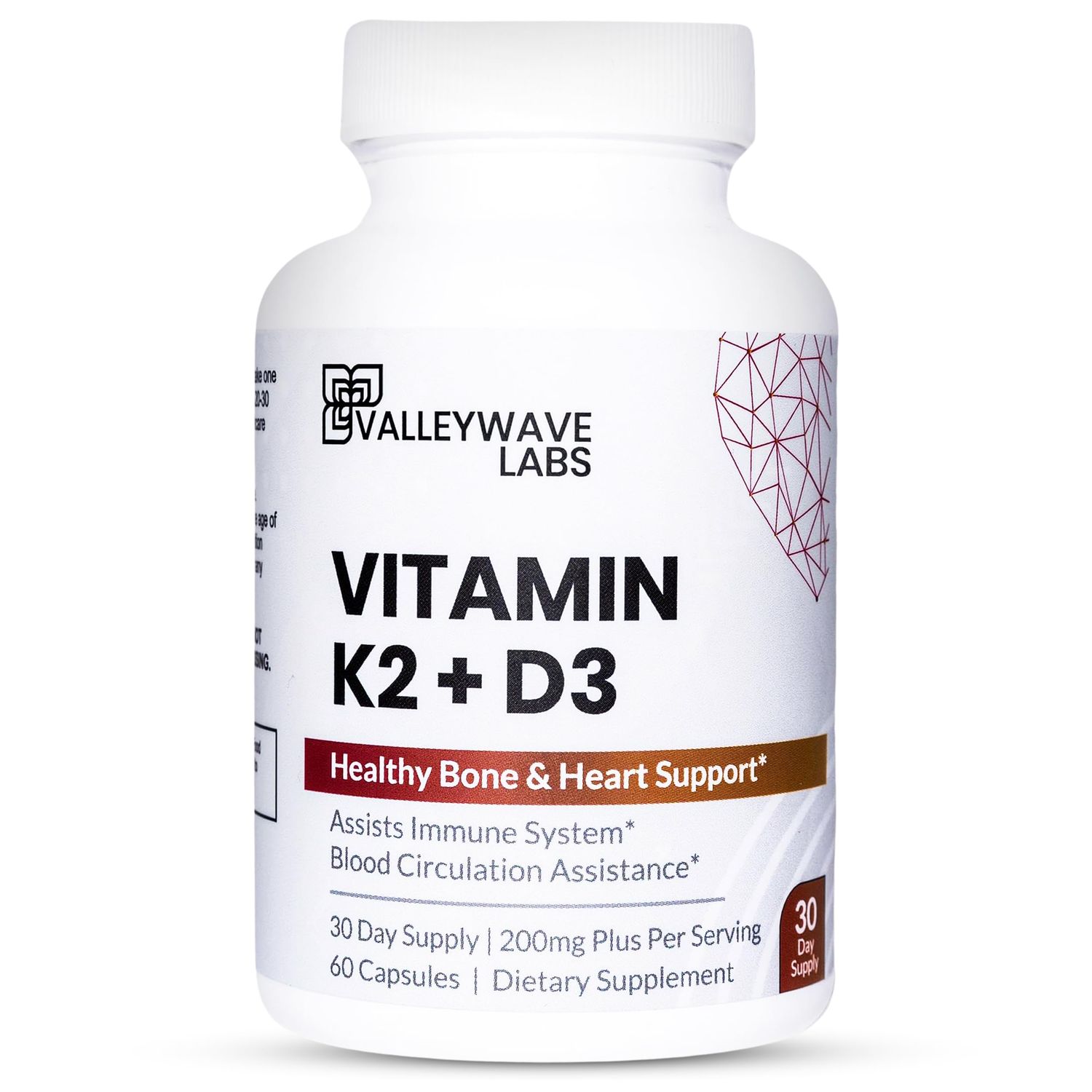 Valleywave Labs Vitamin D3 K2 Capsules - 2-in-1 Vitamin K2 MK7 100 mcg + VIT D3 5000 IU (125 mcg) Dietary Supplement for Supporting Bone, Teeth, Muscle and Immune Health Support*, 60 Count