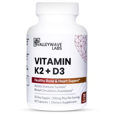 Valleywave Labs Vitamin D3 K2 Capsules - 2-in-1 Vitamin K2 MK7 100 mcg + VIT D3 5000 IU (125 mcg) Dietary Supplement for Supporting Bone, Teeth, Muscle and Immune Health Support*, 60 Count