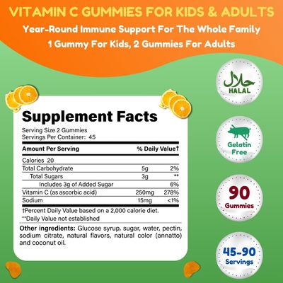 SHIFAA NUTRITION Vegan Vitamin C Gummies | 90 Gummies, 250mg 45 Servings | Non-GMO | Gluten-Free, Gelatin-Free | Immune Support Gummies & Seasonal Support for Kids & Adults Halal Vitamins