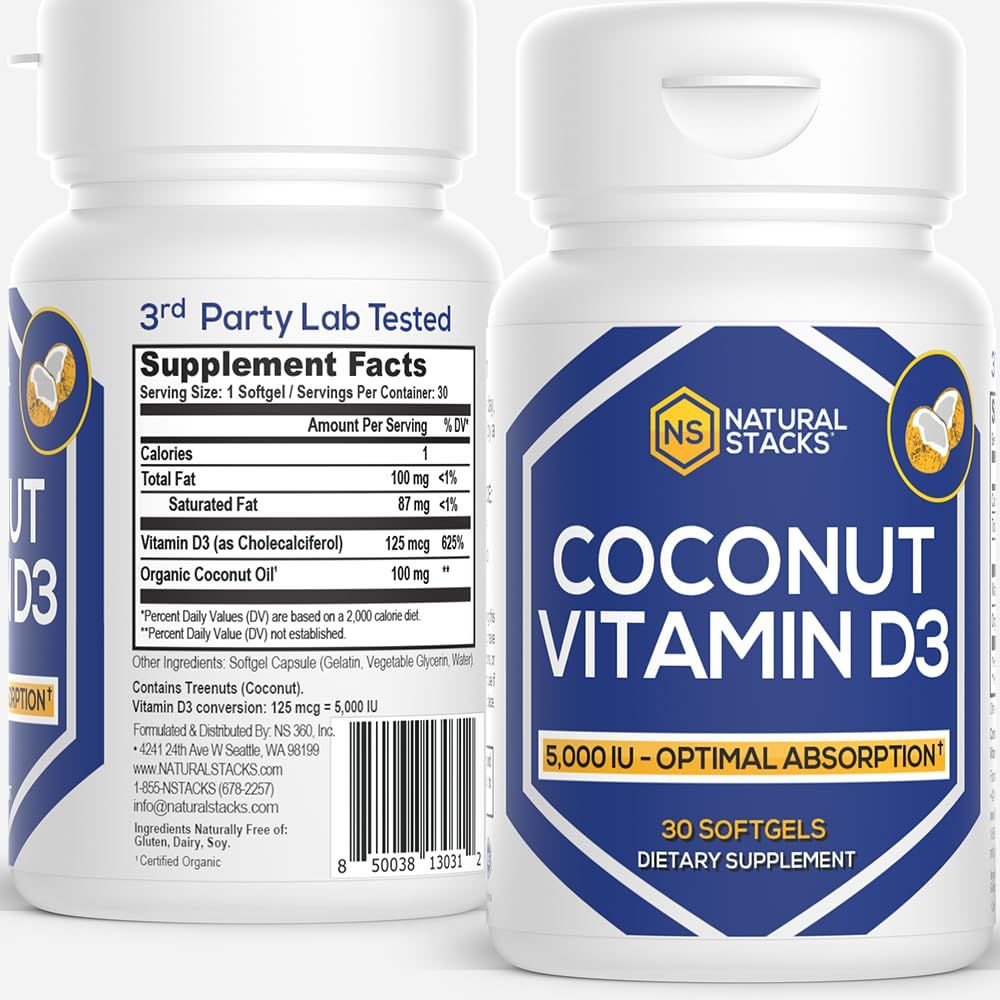 NATURAL STACKS Vitamin D3 5000 IU - 30 SOFTGELS. Vitamin D Pills for Immunity &amp; Cell Growth - Coconut Oil Pills &amp; Immune Support Vitamins - Vitamins Supplements for Rapid Absorption