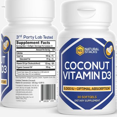 NATURAL STACKS Vitamin D3 5000 IU - 30 SOFTGELS. Vitamin D Pills for Immunity &amp; Cell Growth - Coconut Oil Pills &amp; Immune Support Vitamins - Vitamins Supplements for Rapid Absorption