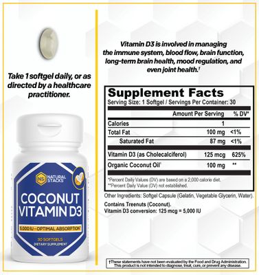 NATURAL STACKS Vitamin D3 5000 IU - 30 SOFTGELS. Vitamin D Pills for Immunity & Cell Growth - Coconut Oil Pills & Immune Support Vitamins - Vitamins Supplements for Rapid Absorption