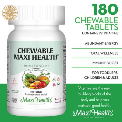 Maxi Health Chewable Multivitamin for Kids, Teens and Adults - Cherry Chewable Vitamins for Adults &amp; Children - Kosher Kids Multivitamin + Iron (180 Tablets)