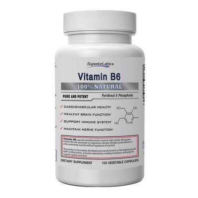 Superior Labs - Best Vitamin B6 Dietary Supplement - 50 mg Dosage,120 Vegetable Capsules -Supports Immune System Health - Healthy Brain Function - Cardiovascular Health Support