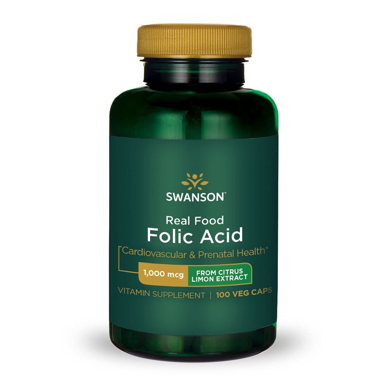 Swanson Real Food Folic Acid Folate Vitamin B-9 Cardiovascular Prenatal Health from Citrus Limon Extract Vegan Gluten-Free Non-GMO B9 1000 mcg 100 Veggie Capsules