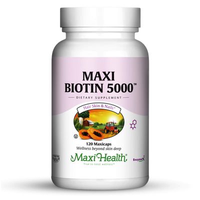 Maxi Health Biotin 5000 mcg - Hair Growth Supplement for Health and Beauty - Hair, Skin &amp; Nails Vitamins - 120 Vegetable Capsules
