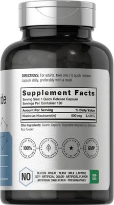 Horbach Nicotinamide 500mg | 180 Capsules | Flush Free Dietary Supplement | Non-GMO and Gluten Free Vitamin