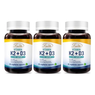 Lovita Vitamin K2 + D3, 400 IU Vegan Vitamin D3 &amp; 120 mcg Vitamin K2 (MK-7), 2 in 1 Formula, Immune Vitamin Complex, Supports Your Heart, Teeth and Immune Function, 30 Vegetarian Capsules (Pack of 3)