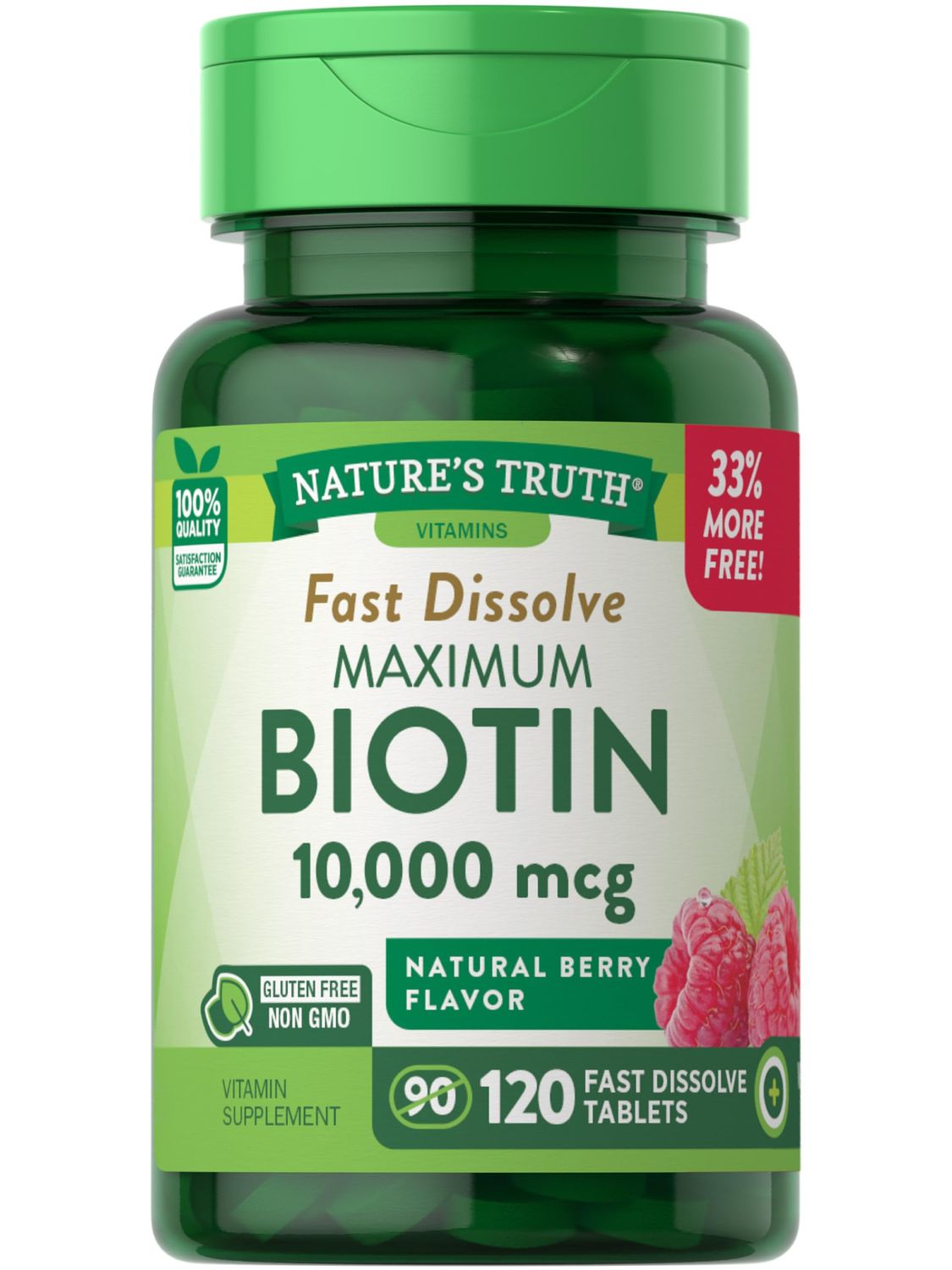 Nature&#39;s Truth Biotin 10000mcg | 120 Fast Dissolve Tablets | Maximum Strength | Hair Skin and Nails Supplement | Natural Berry Flavor | Vegetarian, Non-GMO, Gluten Free
