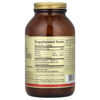 Solgar Vitamin E, d-Alpha Tocopherol Plus d-Gamma Tocopherol, d-Delta Tocopherol and d-Beta Tocopherol, 268 mg (400 IU), 250 Softgels