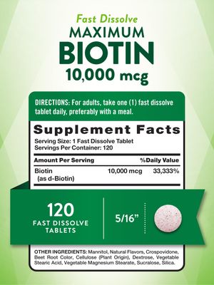 Nature's Truth Biotin 10000mcg | 120 Fast Dissolve Tablets | Maximum Strength | Hair Skin and Nails Supplement | Natural Berry Flavor | Vegetarian, Non-GMO, Gluten Free