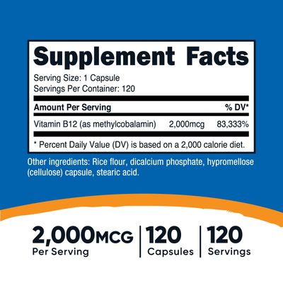 Nutricost Vitamin B12 (Methylcobalamin) 2000mcg, 120 Capsules - Vegetarian Caps, Non-GMO, Gluten Free B12 Supplement