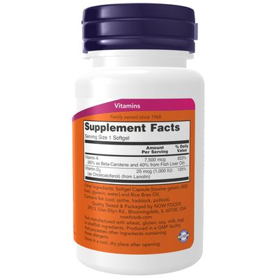 NOW Foods Supplements, Vitamin A &amp; D3 25,000/1,000 IU, Eye Health*, Essential Nutrition, 100 Softgels