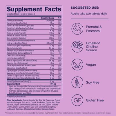 True Grace Prenatal Multivitamin Refill Pouch - 120 Vegan Tablets - Supports a Healthy Mom & Baby with Methylfolate & Choline for Fetal Brain Development - Gluten Free, Soy Free - 60 Servings