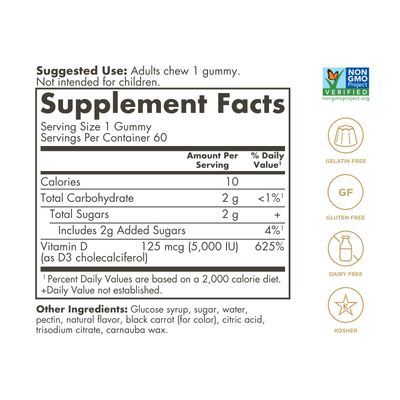 Solgar Vitamin D3 Gummies for Adults 5,000IU Ultra Potency Vitamin Immune System Support for Women &amp; Men - Tasty Strawberry Flavor, Gluten &amp; Gelatin Free Gummy, 2 Month Supply, 60 Servings, 2g Sugar