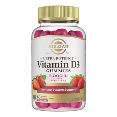 Solgar Vitamin D3 Gummies for Adults 5,000IU Ultra Potency Vitamin Immune System Support for Women &amp; Men - Tasty Strawberry Flavor, Gluten &amp; Gelatin Free Gummy, 2 Month Supply, 60 Servings, 2g Sugar