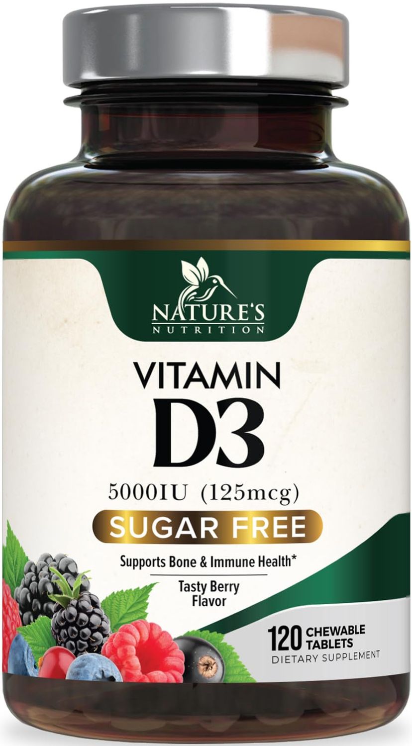 Vitamin D3 5000 IU (125 mcg) - Chewable D Vitamin for Bone, Teeth, Muscle &amp; Immune Support, Sugar Free, Non-GMO, Gluten Free, Nature&#39;s Extra Strength Vitamin D Supplements - 120 Chewable Tablets
