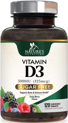 Vitamin D3 5000 IU (125 mcg) - Chewable D Vitamin for Bone, Teeth, Muscle &amp; Immune Support, Sugar Free, Non-GMO, Gluten Free, Nature&#39;s Extra Strength Vitamin D Supplements - 120 Chewable Tablets
