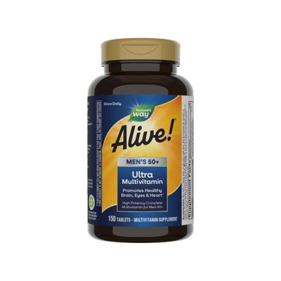 Nature&#39;s Way Alive! Mens 50+ Daily Ultra Multivitamin, High Potency Formula, Supports Healthy Brain, Eyes &amp; Heart*, with Methlyated B12, Gluten-Free, 150 Tablets (Packaging May Vary)