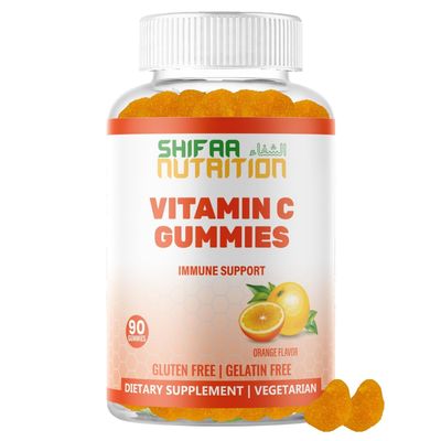 SHIFAA NUTRITION Vegan Vitamin C Gummies | 90 Gummies, 250mg 45 Servings | Non-GMO | Gluten-Free, Gelatin-Free | Immune Support Gummies &amp; Seasonal Support for Kids &amp; Adults Halal Vitamins