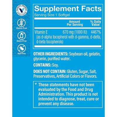 The Vitamin Shoppe Vitamin E 1,000IU - Natural Source, Supports Healthy Cardiovascular System, Immune Health & Eye Health - Once Daily (120 Softgels)