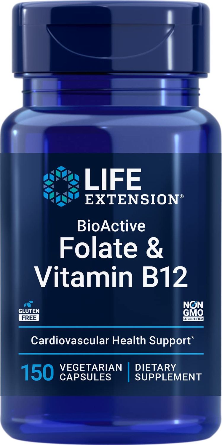 Life Extension BioActive Folate &amp; Vitamin B12, 150 Vegetarian Capsules - Non GMO, Gluten Free Supplement