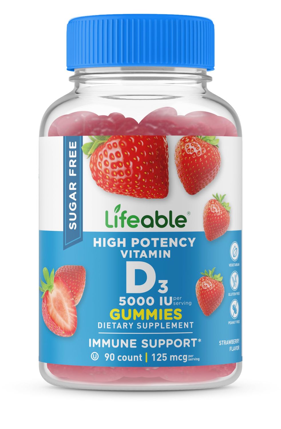 Lifeable Sugar Free Vitamin D 5000 IU - Great Tasting Natural Flavor Gummy Supplement - Gluten Free Vegetarian GMO-Free Chewable - for Immune Support and Bone Health - for Adults - 90 Gummies