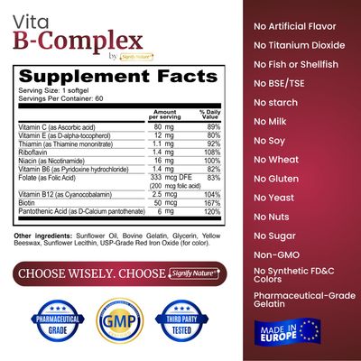 SIGNIFY NATURE Vita B Complex with Vitamin C and E, B Complex Vitamins for Women & Men, B-Complex Vitamin Supplements, VIT B1, B2, B3, B5, B6, B8, B9, B12, Super B Vitamin Complex Softgels - 60 CT