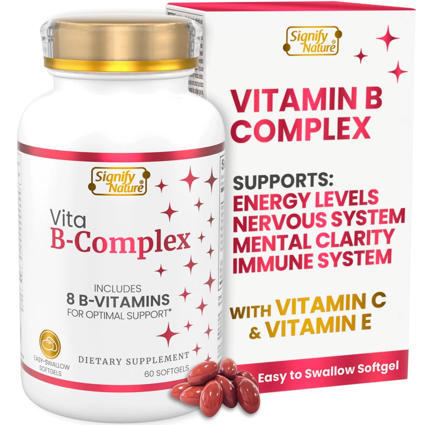 SIGNIFY NATURE Vita B Complex with Vitamin C and E, B Complex Vitamins for Women &amp; Men, B-Complex Vitamin Supplements, VIT B1, B2, B3, B5, B6, B8, B9, B12, Super B Vitamin Complex Softgels - 60 CT