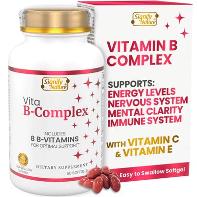 SIGNIFY NATURE Vita B Complex with Vitamin C and E, B Complex Vitamins for Women &amp; Men, B-Complex Vitamin Supplements, VIT B1, B2, B3, B5, B6, B8, B9, B12, Super B Vitamin Complex Softgels - 60 CT