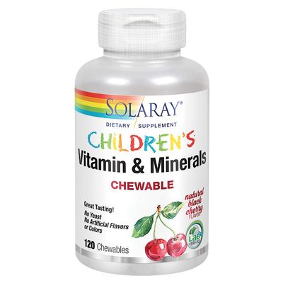 SOLARAY Childrens Vitamins &amp; Minerals Complete Multivitamin for Kids Great Black Cherry Flavor (076280047974) (120 Chews, 60 Serv)