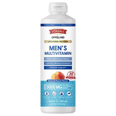 oppuland Mens Multivitamin 450ML of Natural Peach Flavored Supplement Increasing Heart, Memory, and Nervous System, with Omega 3, Liposomal, and 5000MCG of Biotin for Healthy Hair