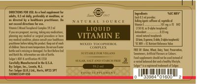 SOLGAR Liquid Vitamin E (with Dropper) - 2 fl oz - Mixed Tocopherol Complex - Non-GMO, Vegan, Gluten Free, Dairy Free, Kosher - 118 Servings