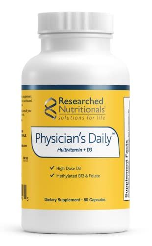 Researched Nutritionals Physician&#39;s Daily + D3 Supplement - Daily Multivitamin for Men and Women with Vitamin D3 2000iu, Vitamin B12, Vitamin B6 + Methylated Folate (60 Capsules)