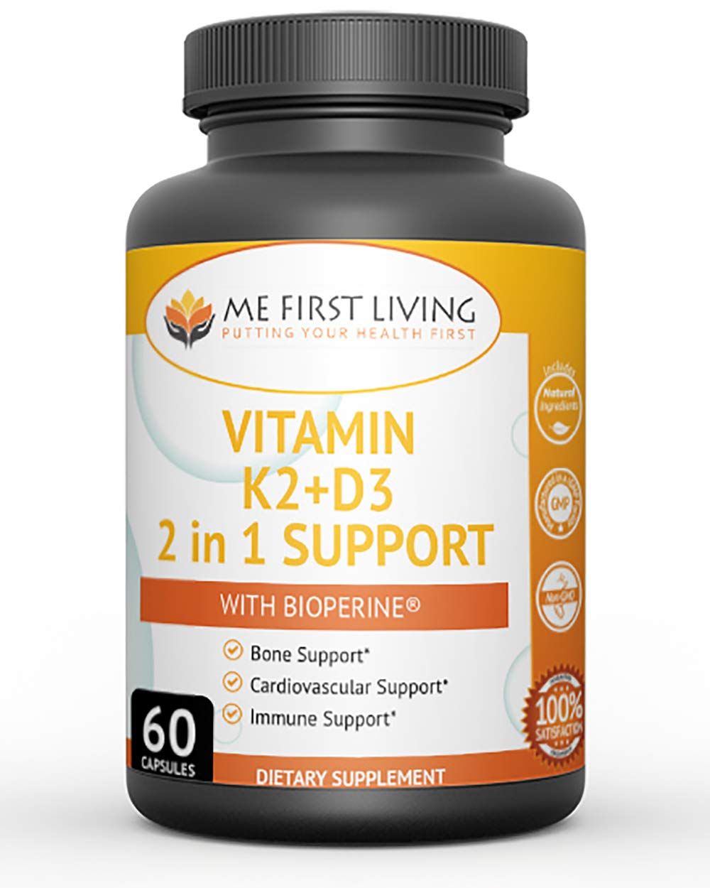 Me First Living Vitamin K2 (MK7) with D3 Supplement Bone and Heart Health Non-GMO Formula 125 MCG Vitamin D3 &amp; 100 MCG Vitamin K2 MK-7 Easy to Swallow Vitamin D &amp; K Complex with Calcium