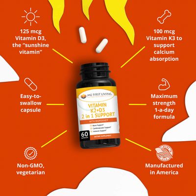 Me First Living Vitamin K2 (MK7) with D3 Supplement Bone and Heart Health Non-GMO Formula 125 MCG Vitamin D3 &amp; 100 MCG Vitamin K2 MK-7 Easy to Swallow Vitamin D &amp; K Complex with Calcium