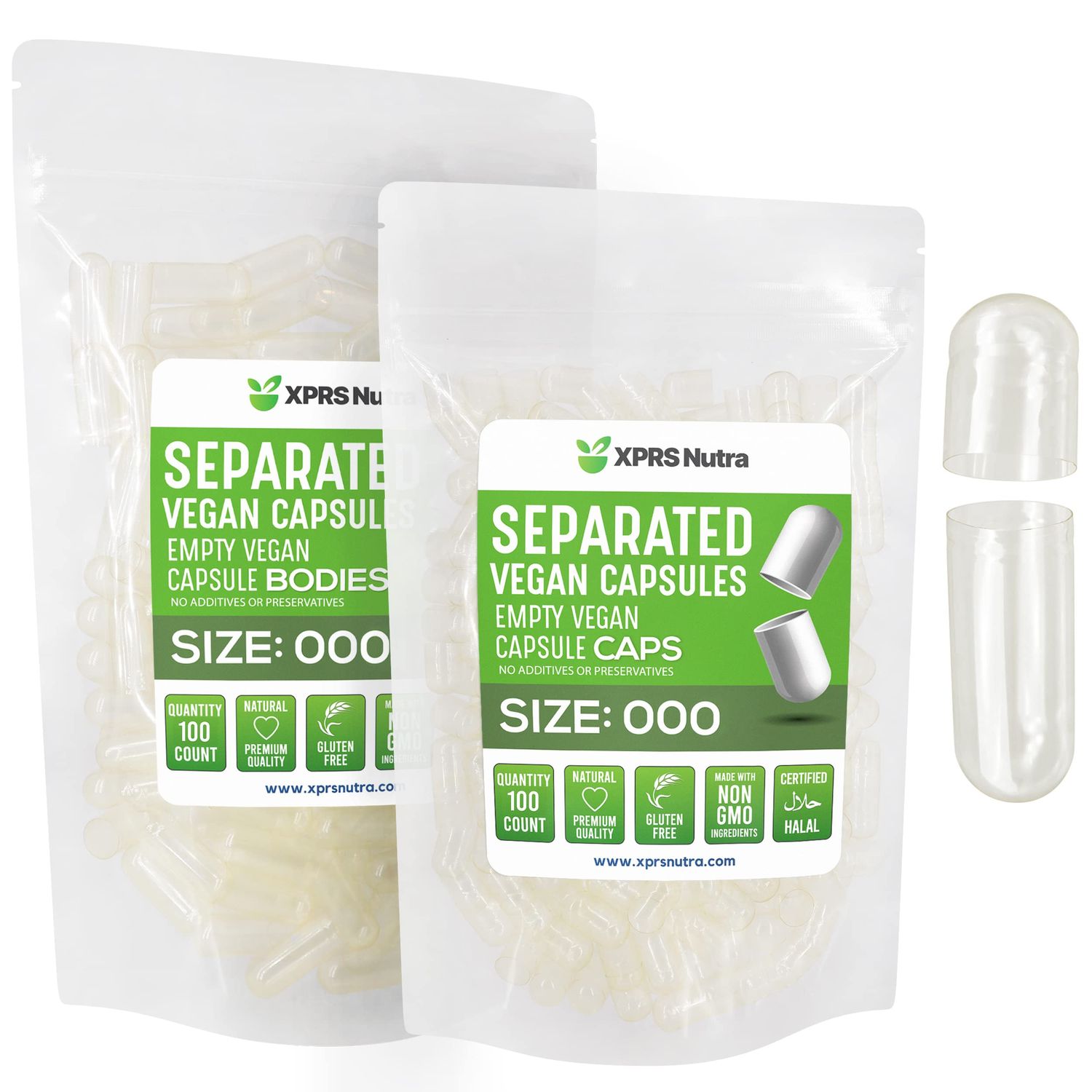 XPRS Nutra Vegan Size 000 Separated Capsules - 100 Count Premium Empty Capsules Separated in Bags - Clear Empty Capsules - Separated Empty 000 Capsules - Pill Capsules Empty for DIY Supplement Filling
