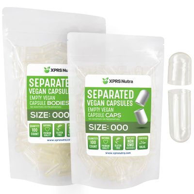 XPRS Nutra Vegan Size 000 Separated Capsules - 100 Count Premium Empty Capsules Separated in Bags - Clear Empty Capsules - Separated Empty 000 Capsules - Pill Capsules Empty for DIY Supplement Filling