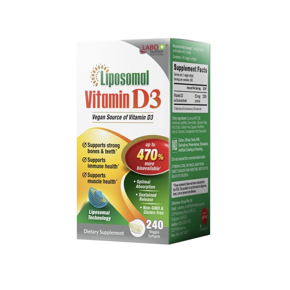 LABO Nutrition Liposomal Vitamin D3, High Potency Vegan-Sourced for Optimal Absorption, Sustained Release, 470% Bioavailable, Boost Immunity, Bone &amp; Brain Health, 240 Days Supply, Non-GMO, Gluten Free