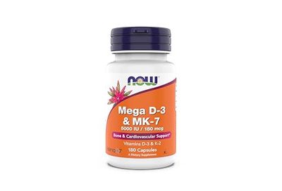 NOW Supplements, Mega D-3 &amp; MK-7, 5000 IU / 180 mcg, Bone &amp; Cardiovascular Support*, Vitamins K-3 &amp; K-2, 180 Capsules