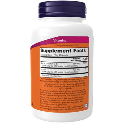 NOW Foods Supplements, Niacin (Vitamin B-3) 500 mg, Flush-Free, Double Strength, Nutritional Health, 90 Veg Capsules