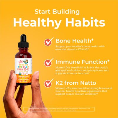Vitamin D3 | Vitamin K2 | Vitamin D3 K2 Drops | K2 D3 Vitamin Liquid Supplement for Toddlers | Kids Supplement for Calcium Absorption Strong Bones | Vegan | Non-GMO | Gluten Free | 1 Fl Oz