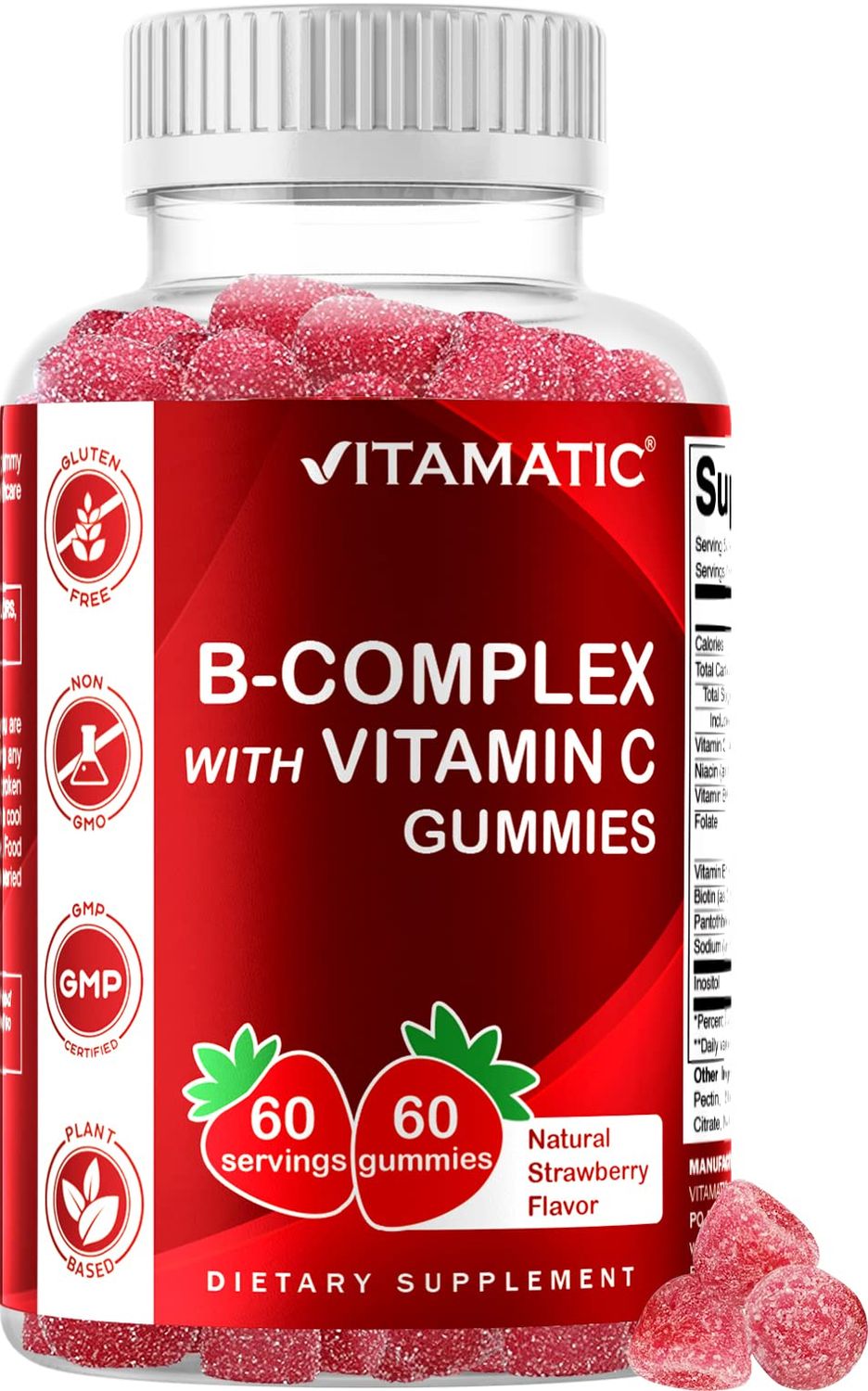 Vitamatic Vitamin B Complex Gummies with Vitamin C &amp; Inositol - Natural Strawberry Flavor - 60 Gummies (1 Bottle)
