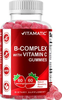 Vitamatic Vitamin B Complex Gummies with Vitamin C &amp; Inositol - Natural Strawberry Flavor - 60 Gummies (1 Bottle)