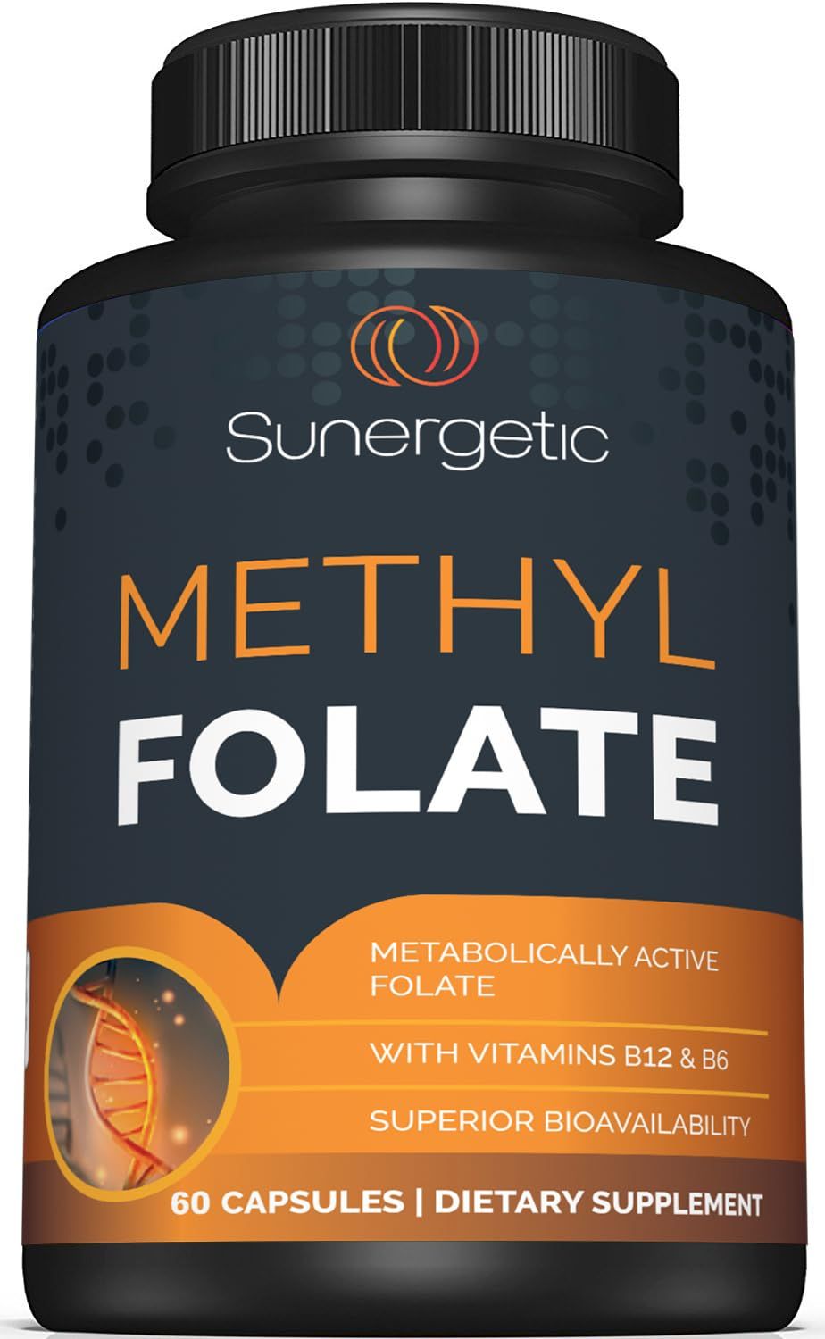 Sunergetic Premium Methyl Folate Supplement - with Methylated Vitamin B12 and Vitamin B6 - Metabolically Active Folate as Magnafolate - Methylfolate 400 mcg per Capsule - 60 Capsules