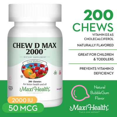 Maxi Health Chewable Vitamin D3 2000 IU Supplement - Delicious Natural Bubble Gum Flavor - Supports Calcium Absorption, Immune and Bone Health in Adult Women, Men, Children & Toddlers - 200 Chews
