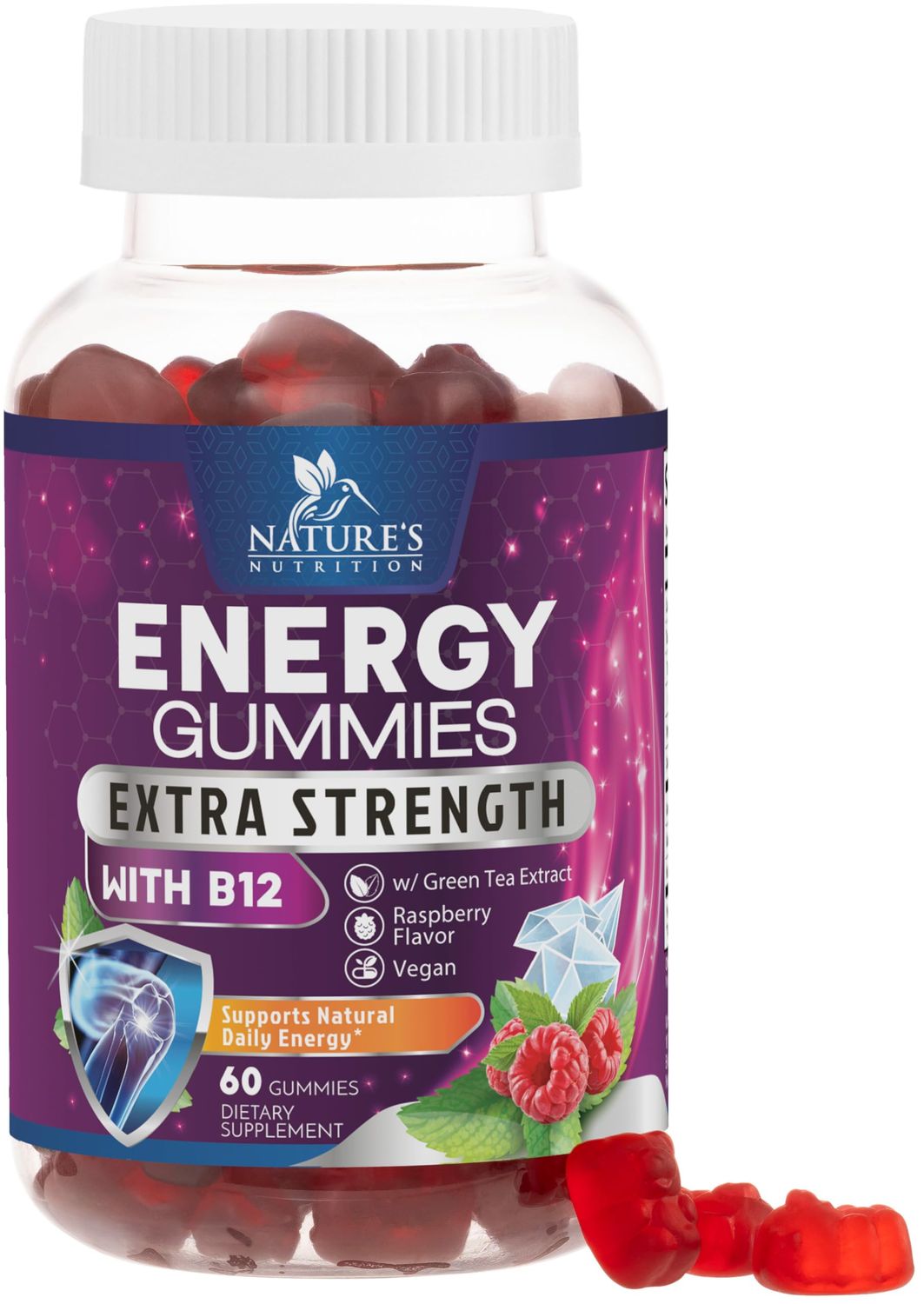 Energy Gummies Vitamin B12, Green Tea Natural Caffeine Support, Extra Strength 1000 mcg Daily Energy Vitamins, Delicious Berry Flavor Gluten Free Chewable Supplement for Cycling &amp; Running - 60 Chews