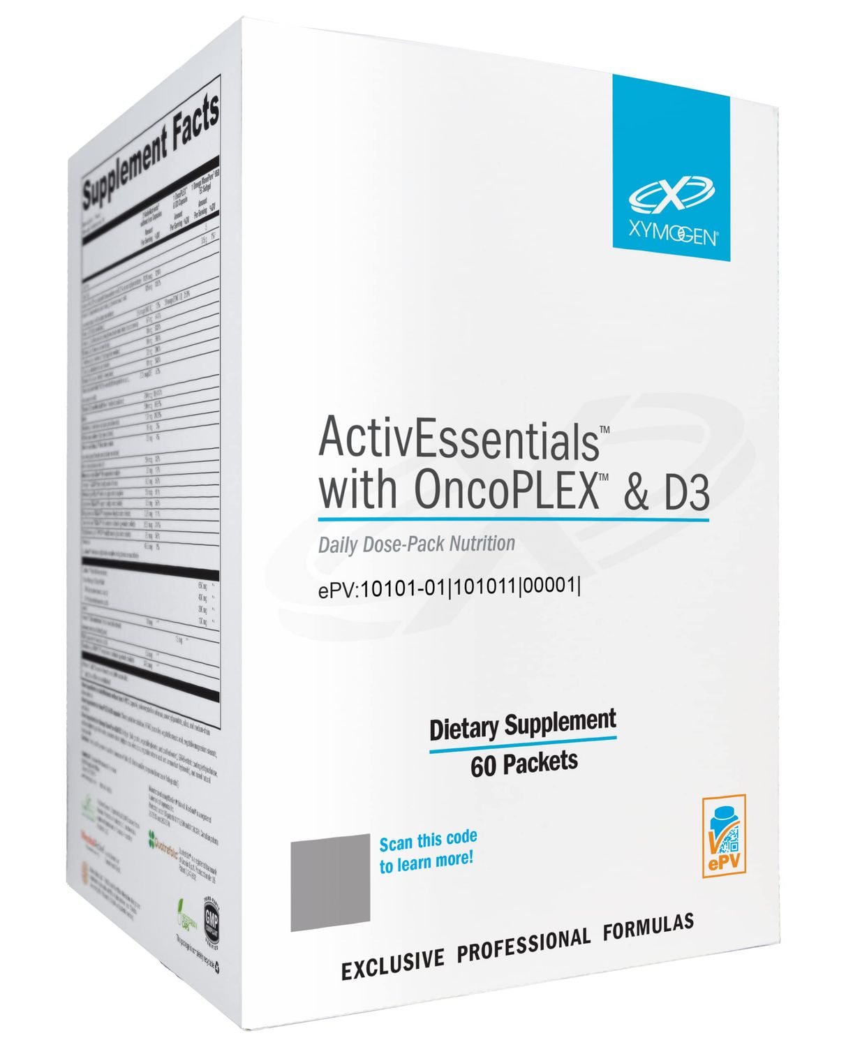 XYMOGEN ActivEssentials with OncoPLEX &amp; D3 - Daily Dose Pack Nutrition with 3 Supplements - ActivNutrients Multivitamin Without Iron, 2000 IU Vitamin D3 &amp; Glucoraphanin, Omega-3 Fish Oil (60 Packets)