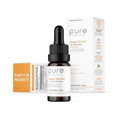 Pure Therapro Rx Vegan Vitamin D3 + K2 Liposomal Supplement | 90 Servings | Maximum Absorption Liquid Vitamins D3 5000 IU and K2-10 for Men and Women - 10 mL