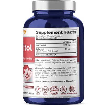 NusaPure Myo-Inositol 2800mg, 200 Capsules, Extra Strength Supplement, Non-GMO
